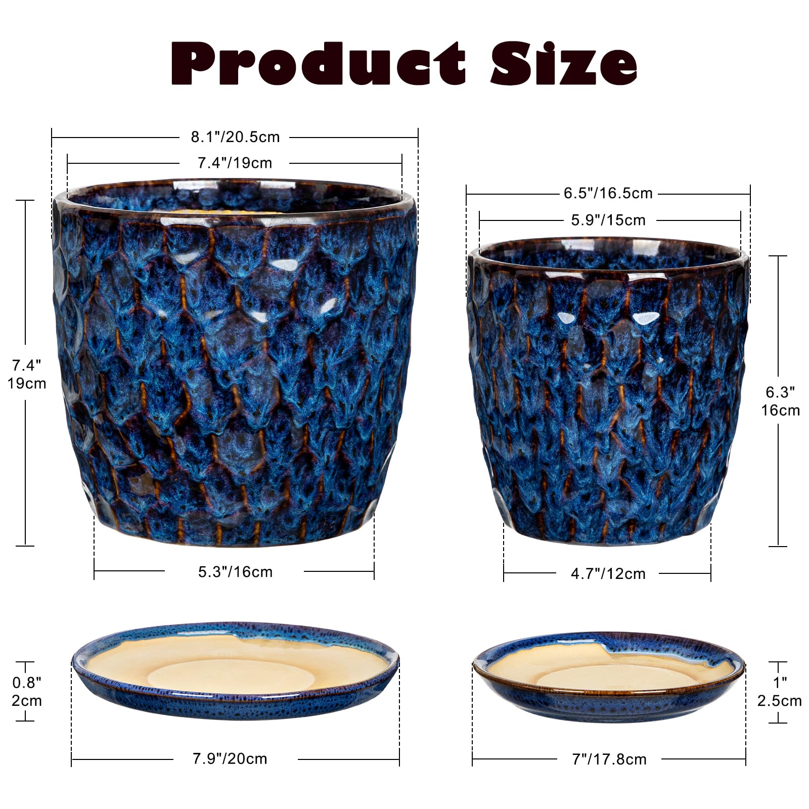 Set di 2 vasi per piante in ceramica smaltata, blu, con drenaggio e sottovaso, vaso decorativo in ceramica per piante d'appartamento, piante grasse, cactus, vasi moderni per piante da interni