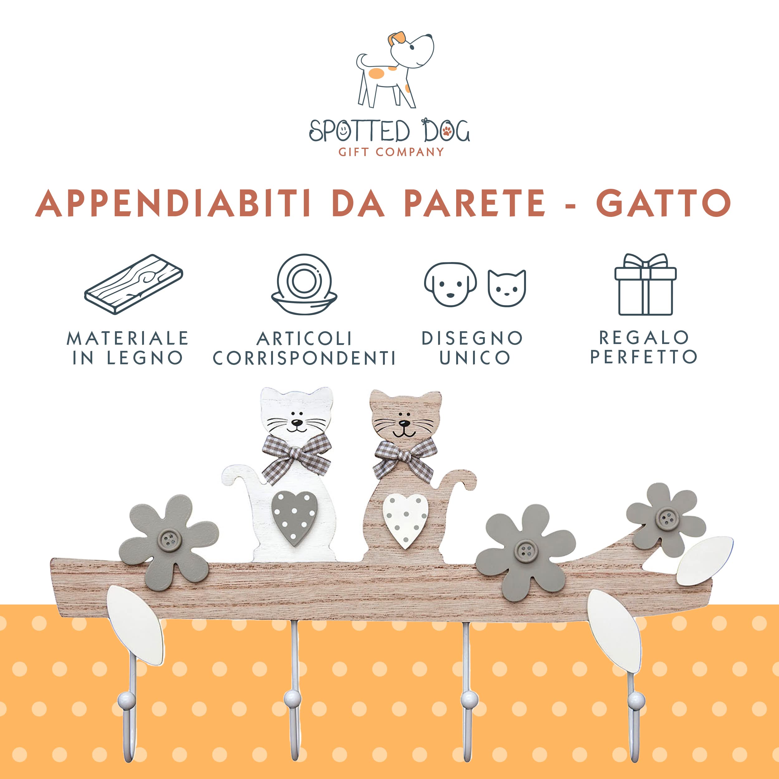 SPOTTED DOG GIFT COMPANY - Appendiabiti da parete con motivo gatti - con 4 ganci - per cucina, corridoio o camera da letto - idee regalo - in legno
