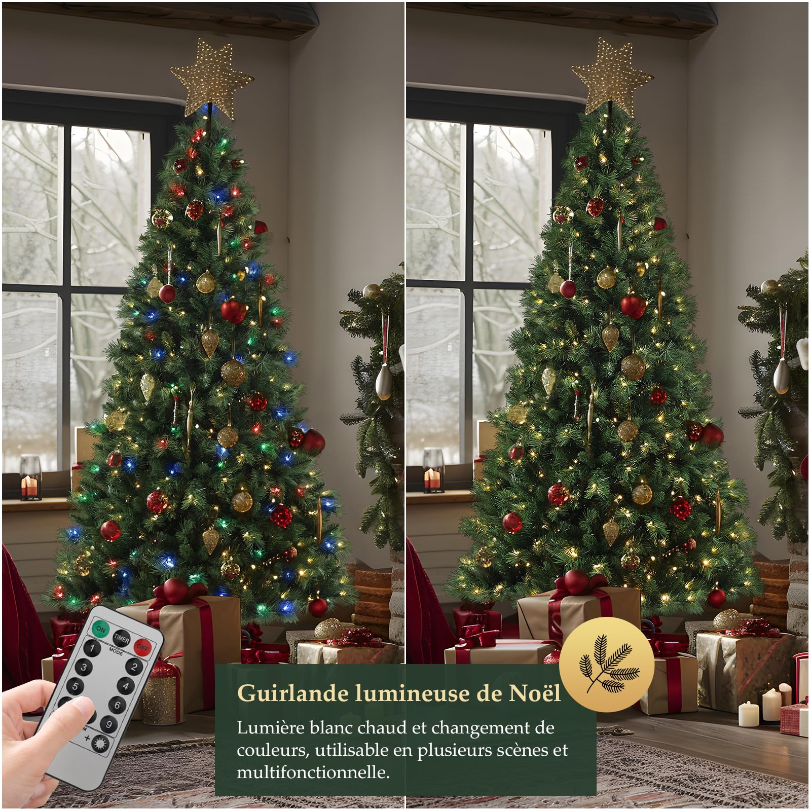 SALCAR Sapin de Noël Artificiel Lumineux 210cm, Arbre de Noel avec 380 LED, 868 Pointes de Branche, Gants et Pieds de Sapin de Noël en Métal, Lgnifuge, Assemblage Rapide
