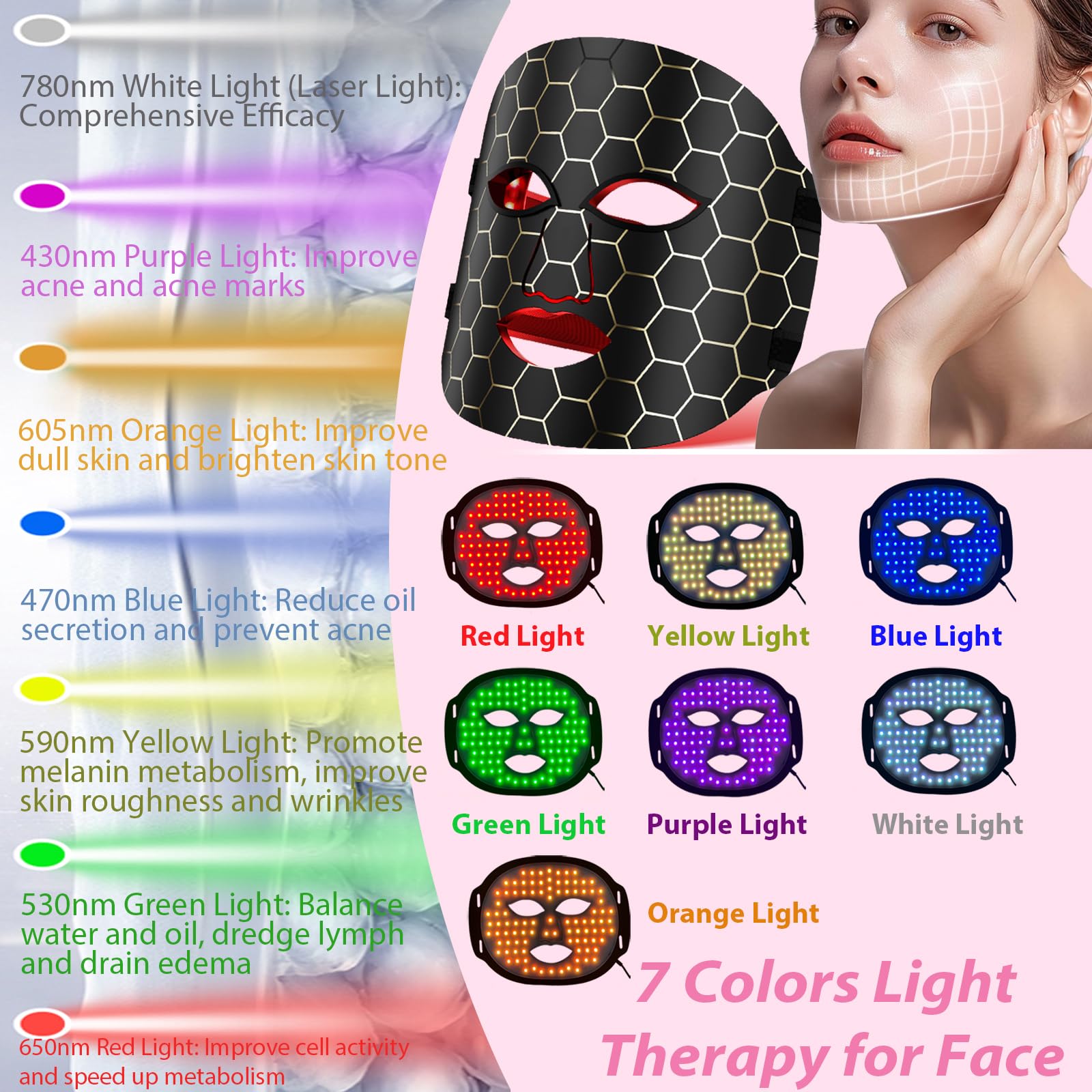 Máscara LED Facial, Quellsotty Máscara Facial LED con Terapia de Luz Roja para La Cara y La Piel, 7 Colores Mascarilla LED para Rejuvenecimiento, Anti-envejecimiento