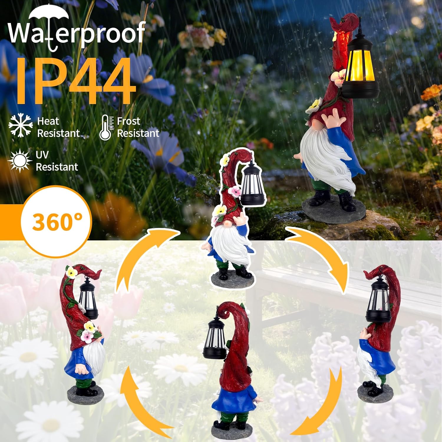 Garden Gnome Statue with Solar Lights 13.7" Garden Sculptures Gnomes Decorations Gnome Outdoor Patio Lawn Yard Balcony Birthday Gift for Mom Grandma(Right Light)