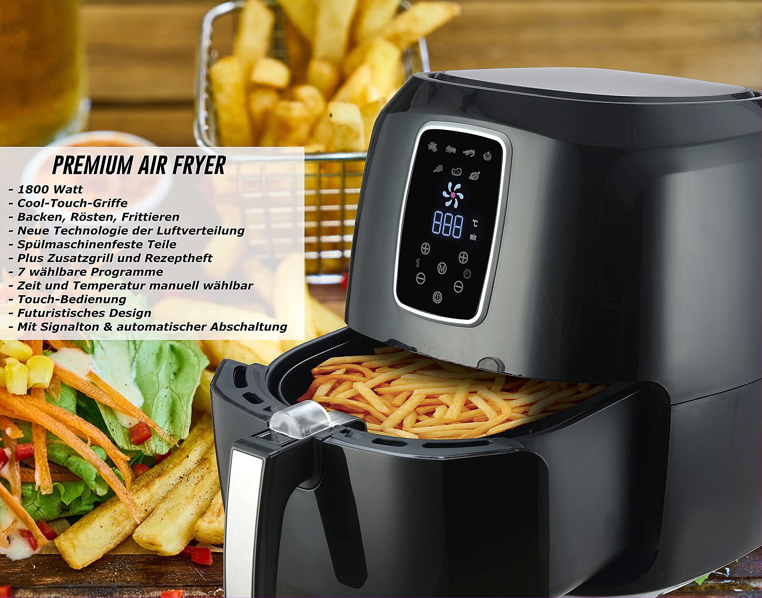 Heißluftfritteuse XXL Premium 5.2L - Airfryer Mit Touch-Bedienfeld, Neueste Technik, 100% knusprig, ohne Fett - Backen, Frittieren, Grillen, Rösten - Spülmaschinenfest - Extrem leise Anwendung