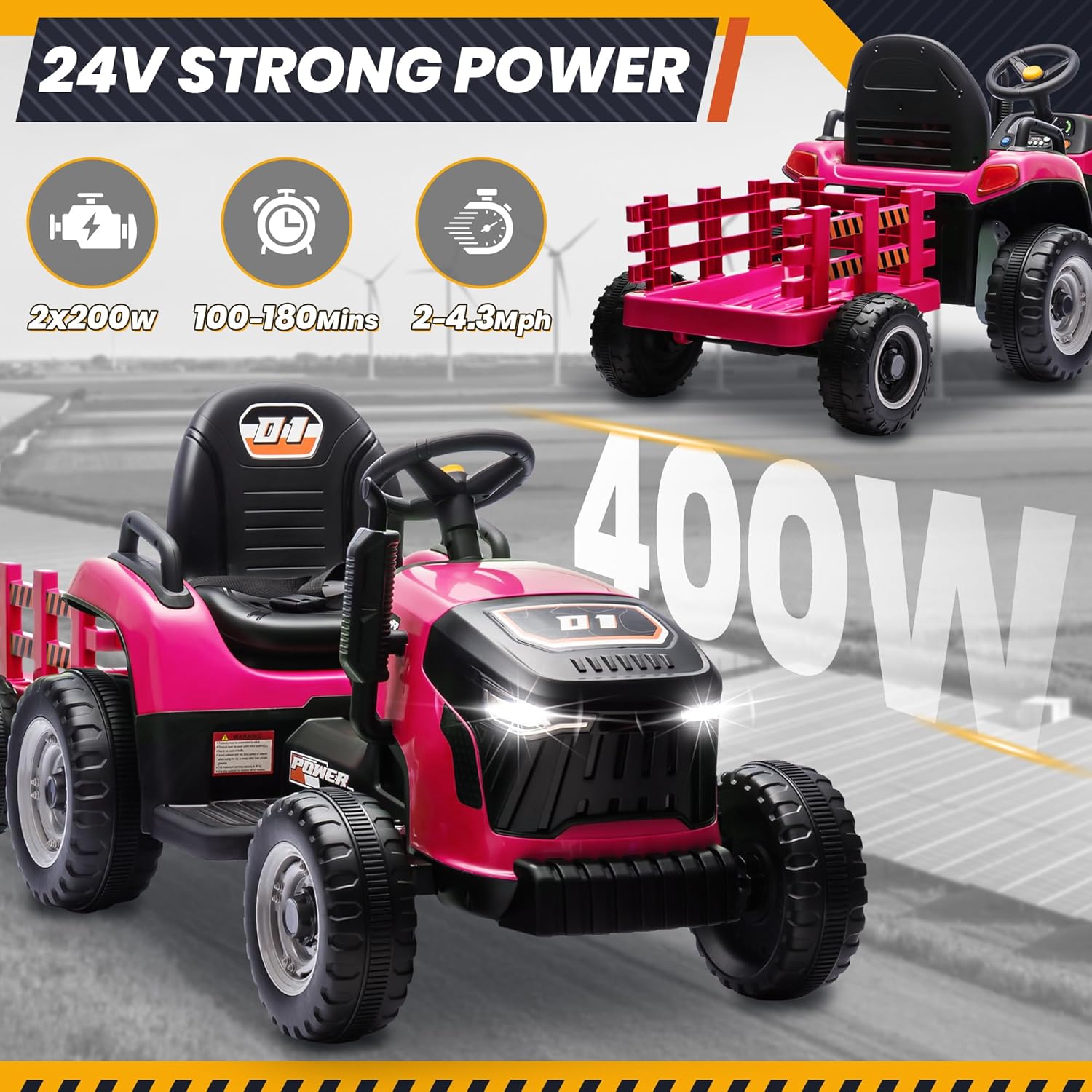 Anrli 24V tractor with 400W power, showing battery life, runtime, and speed capabilities