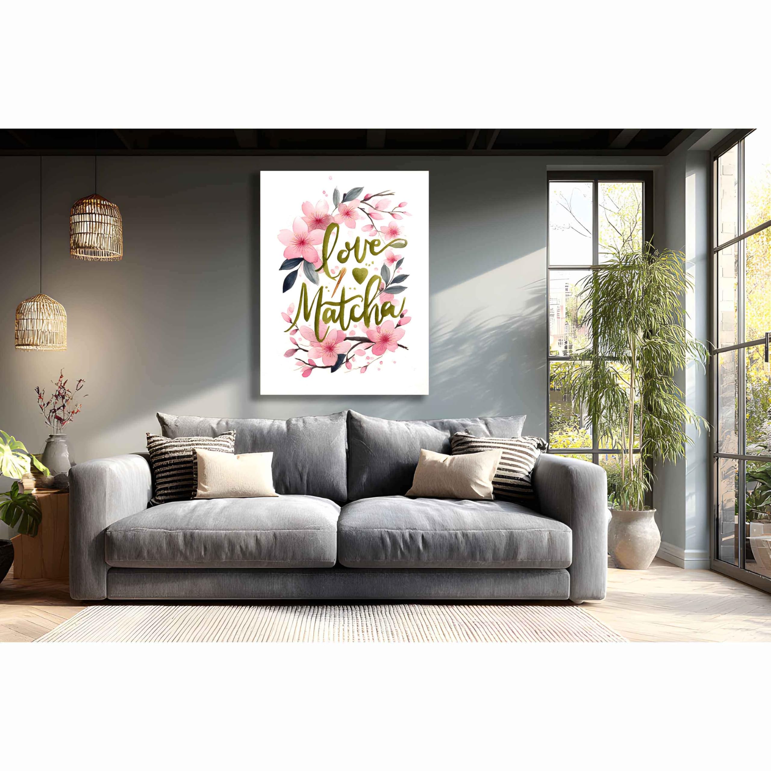 Kunstbruder Leinwand‑Kunstdruck Love & Matcha – Rosa Blüten mit Olivgrün, 70x100 cm in für moderne Wohnräume und Praxis, hochwertige Leinwand auf Holzrahmen