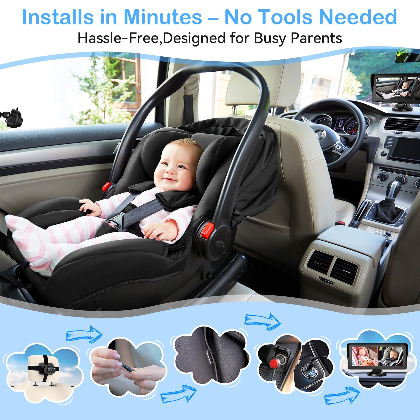 Cámara doble para coche de bebé para 2 niños, pantalla dividida de 6.9 pulgadas, pantalla HD ultra ancha con dos cámaras, fácil configuración, cámaras de visión nocturna giratorias, ideal para padres