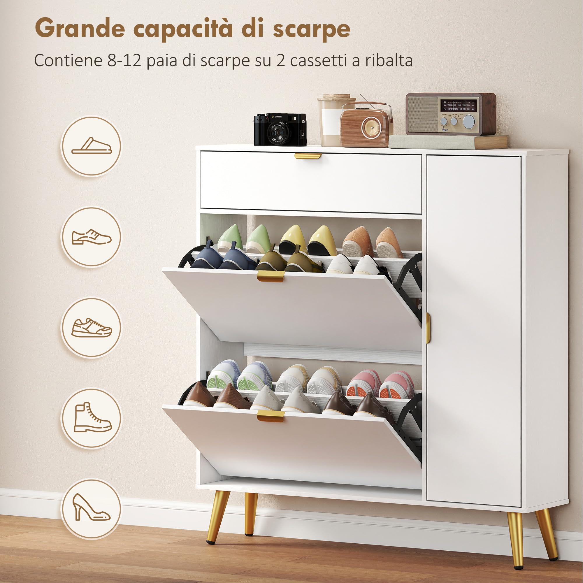 HOMCOM Scarpiera Salvaspazio Slim con Ante a Ribalta Effetto Pelle e Armadietto, Scarpiera Ingresso con Ripiani Regolabili, Base Rialzata, Porta Scarpe per 12 Paia con Maniglia, Bianco