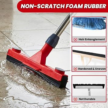 Floor Squeegee with 2 Replaceable Heads and Extendable 62 Long Handle