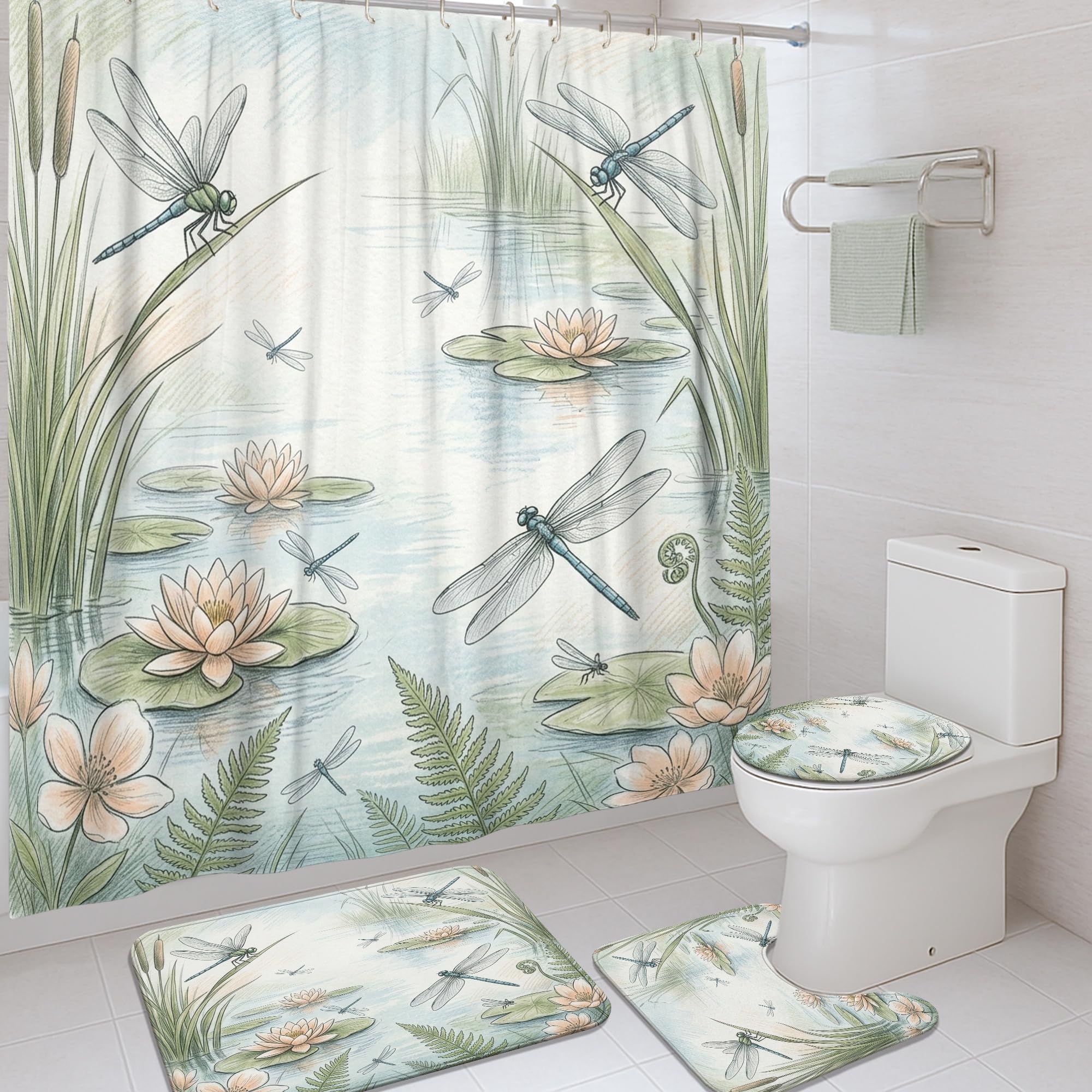 Rideau de douche en toile haut de gamme aux motifs de nénuphars et fougère sauvage