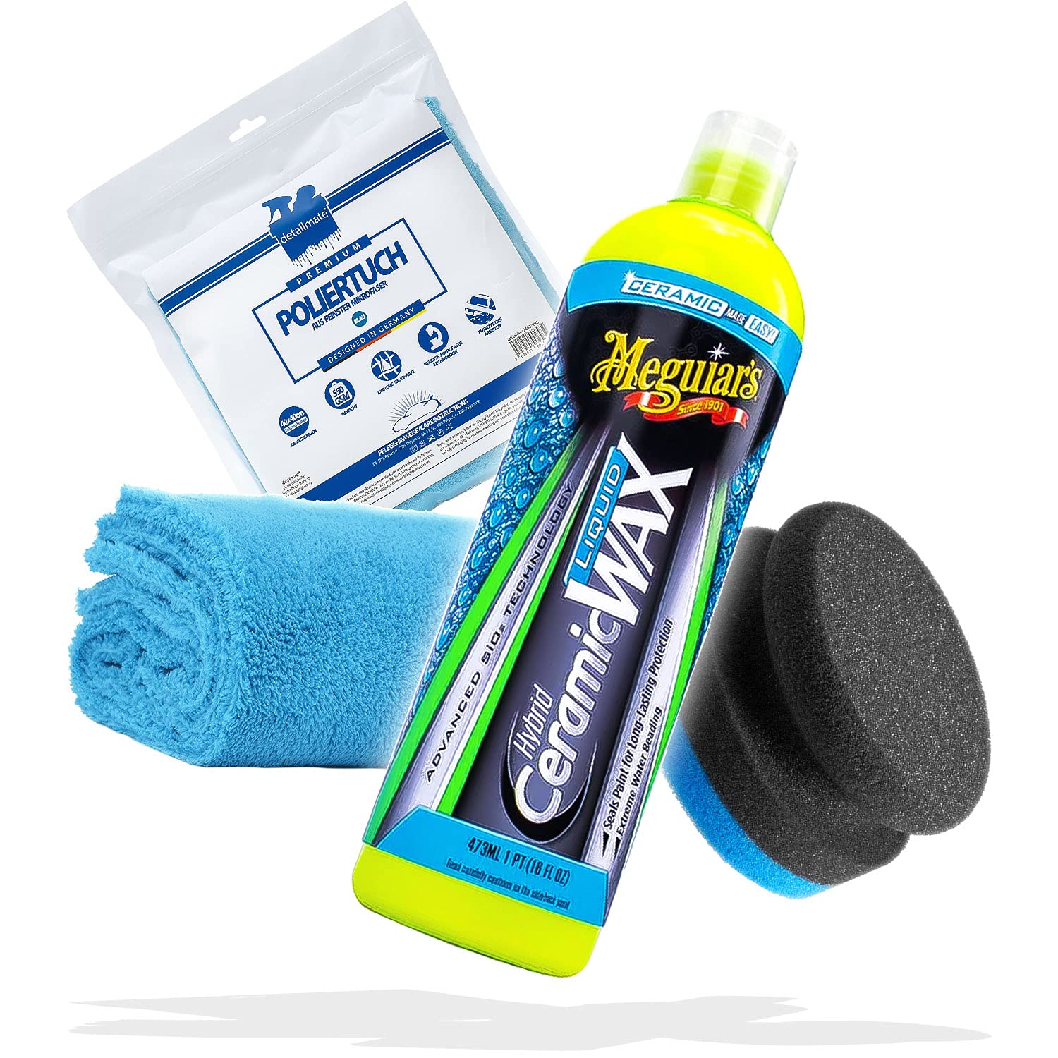 detailmate Meguiars - Kit de cuidado para el coche, cera líquida híbrida de cerámica de 473 ml, gamuza de microfibra azul 550 GSM + esponja de aplicación de cera, sellado para el cuidado del vehículo