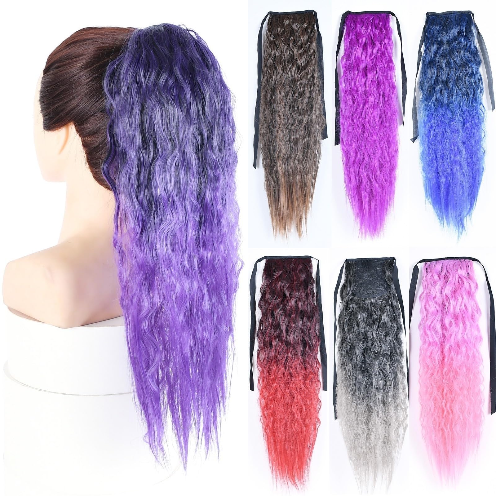 Pièce de cheveux Extensions de queue cheval synthétiques bouclées et crépues, postiche cosplay avec cordon serrage Fête(A)
