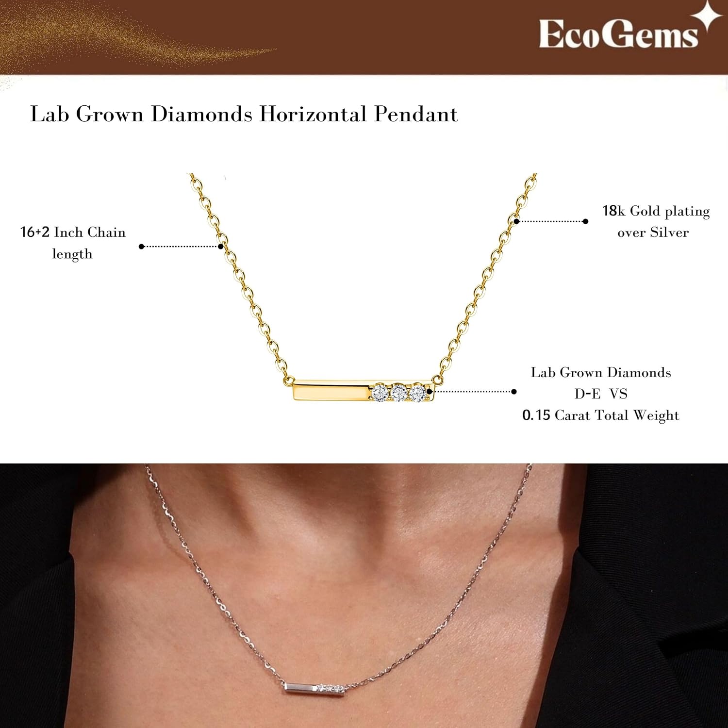 18K White/Yellow Gold Plated Silver Necklace With 0.15/0.60 TCW Lab Grown Diamond/0.15 TCW Lab Grown Emerald in 16/18" Length, Gold Jewelry For Women, Gift For Her Jewelry