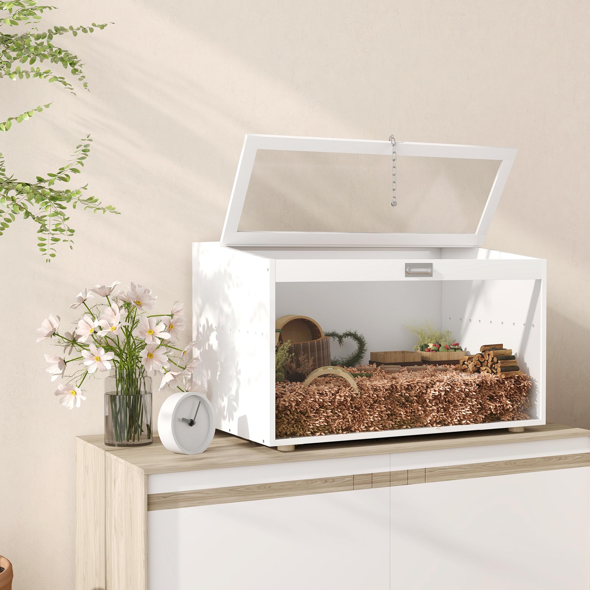 PawHut Jaula para Hámster Tapa Abatible para Jerbos 80x50x50 cm Blanco | Casa para Animales Pequeños, Ventana de Acrílico Transparente, para Hámsteres Enanos
