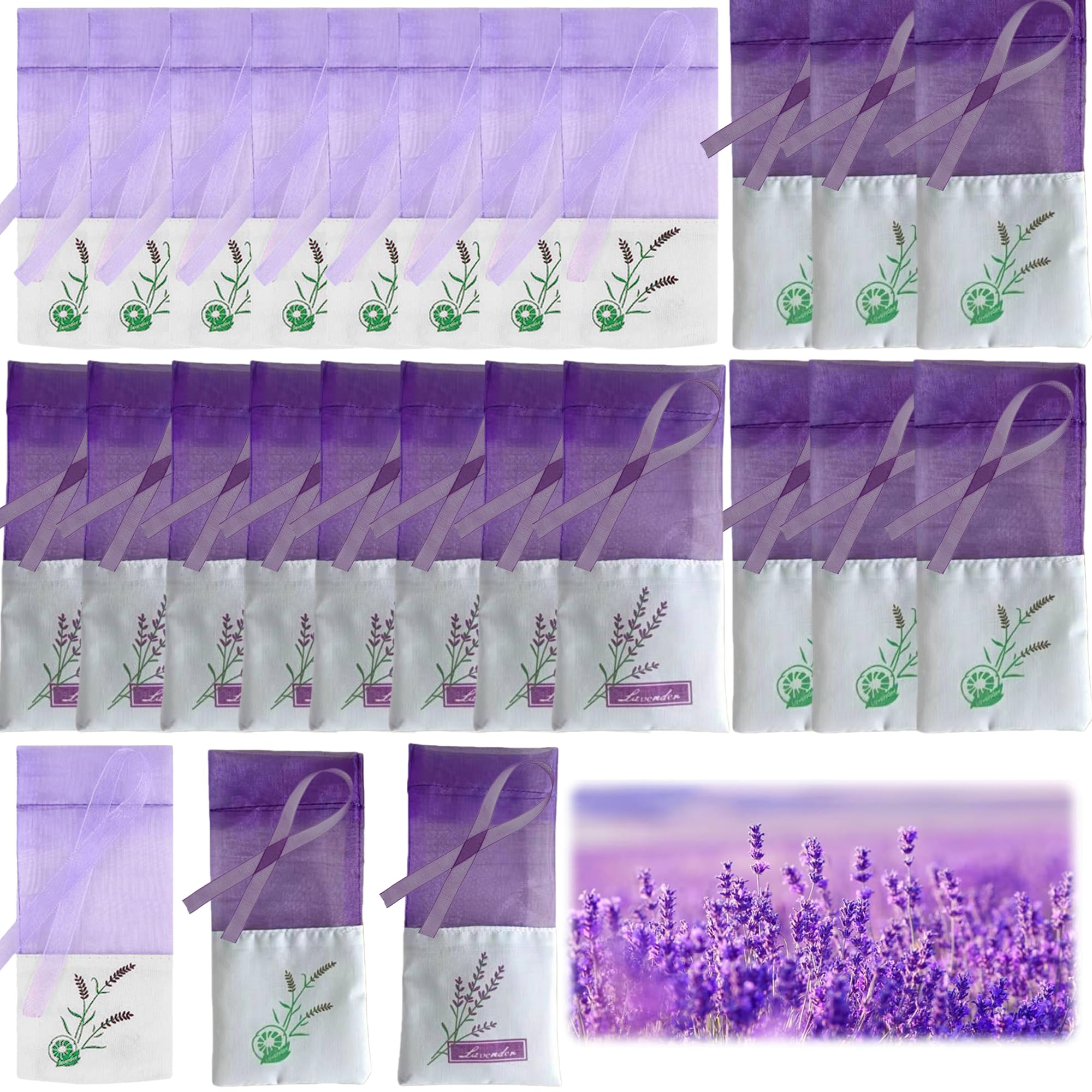 Dwuent Lavender/Purple/White Bags Empty,Muslin Sachets For Wardrobes,Drawers, Car Freshener 24-Pack Fillable Organza Pouches With Drawstring,7.5X15.5cm, & Design
