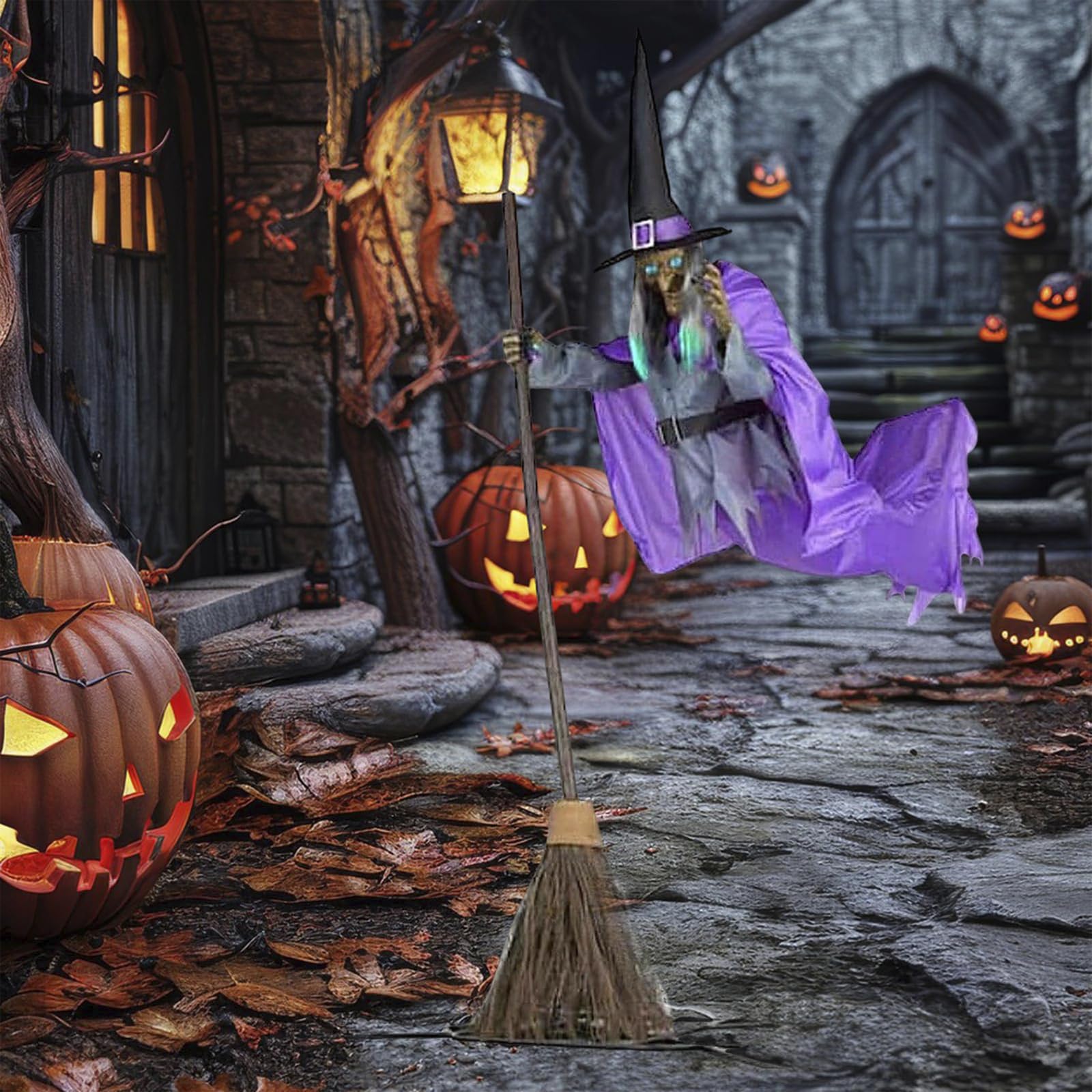 Fliegende Hexe Auf BesenHalloween, Animatronic Halloween Figuren mit Gruseligem Sound und Lichtern für Outdoor Deko
