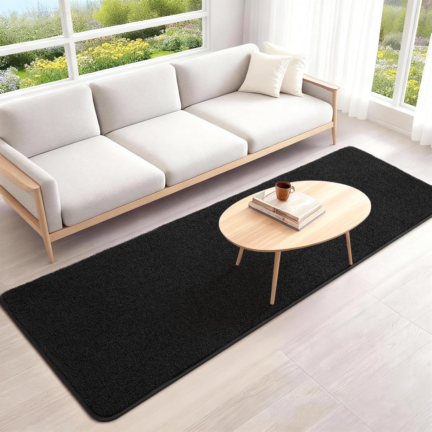 2x6 Feet Runner Rugs for Hallway, Black Modern Soft Bedroom Bedside Rug, Low Pile Non Slip Memory Foam Rugs,Washable Fluffy Carpet for Entrance Kitchen Laundry Living Room Decor