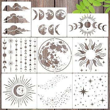 Moon Stencils for Painting Celestial Stencils Moon Phrase Stencil | Reusable Circular Stars Sun Clouds Stencil for Painting on Canvas Wood Furniture Fabric Walls