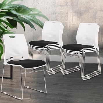 CLATINA Stacking Home Office Guest Chair, Reception Stackable Chairs with Metal Sled Base, Conference Lobby Waiting Training School Kitchen Banquet Chair, Plastic Desk Chairs No Wheels, White, 8 Pack