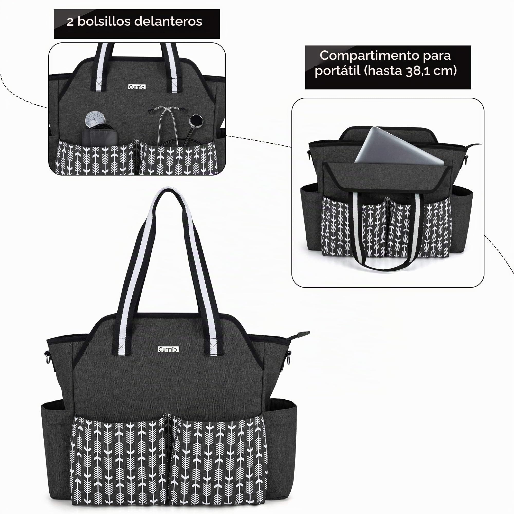 CURMIO Bolsa para Emergencias, Maletín de Enfermera para Médicos, Negro | Maletín de Enfermería con Múltiples Bolsillos, Compartimento para Ordenador Portátil, Ligera y Portátil, Sola Bolsa