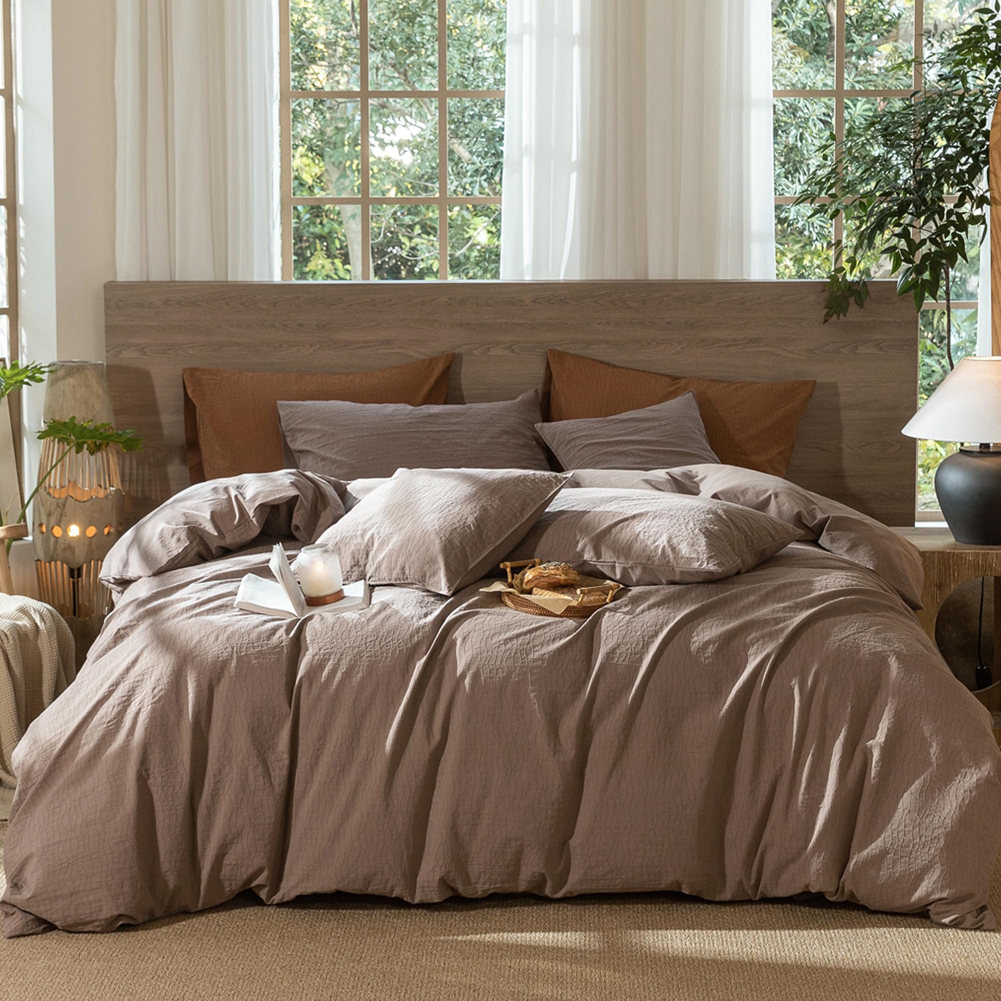 MooMee Jacquard Duvet Cover Set 100% Washed Cotton Linen Like King