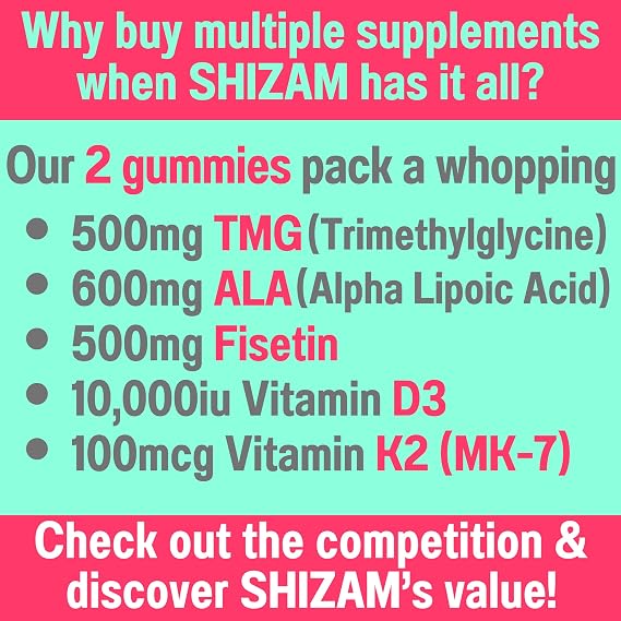 SHIZAM TMG Betaine Alpha Lipoic Acid ALA D3 Fisetin Gummies, Tri-Methylglycine trimethylglycine R-Alpha NAD+ Plus + HCL Supplements, Mitochondrial Senolytic Activator, NR Capsules Powder 600mg 1000mg