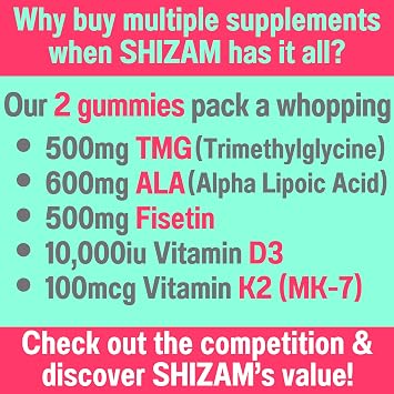 SHIZAM TMG Betaine Alpha Lipoic Acid ALA D3 Fisetin Gummies, Tri-Methylglycine trimethylglycine R-Alpha NAD+ Plus + HCL Supplements, Mitochondrial Senolytic Activator, NR Capsules Powder 600mg 1000mg