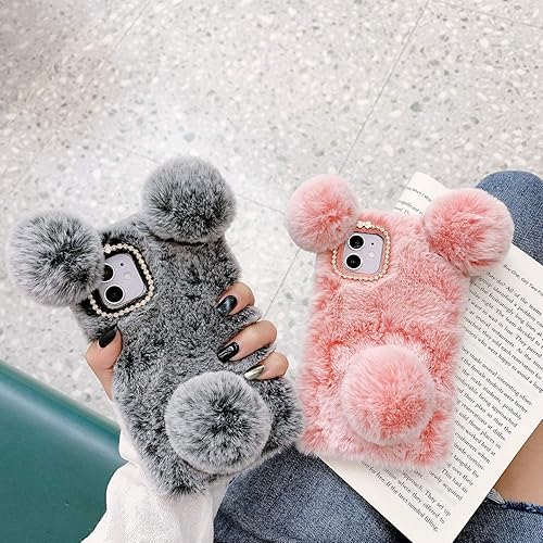 Miniatura 10 de LUVI Compatible con iPhone 15 Pro Max, bonita funda de felpa peluda para mujeres y niñas, bola esponjosa 3D de conejo, orejas de oso de dibujos
