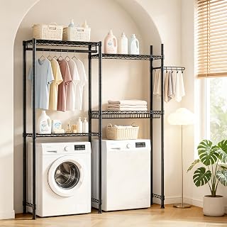 Over Washer and Dryer Laundry Shelves, 4-Tier Heavy Duty Clothes Drying Rack with Wire Basket & Rotating Side Hook, Adjustable Laundry Room Storage Organizer for Washing Machine and Dryer