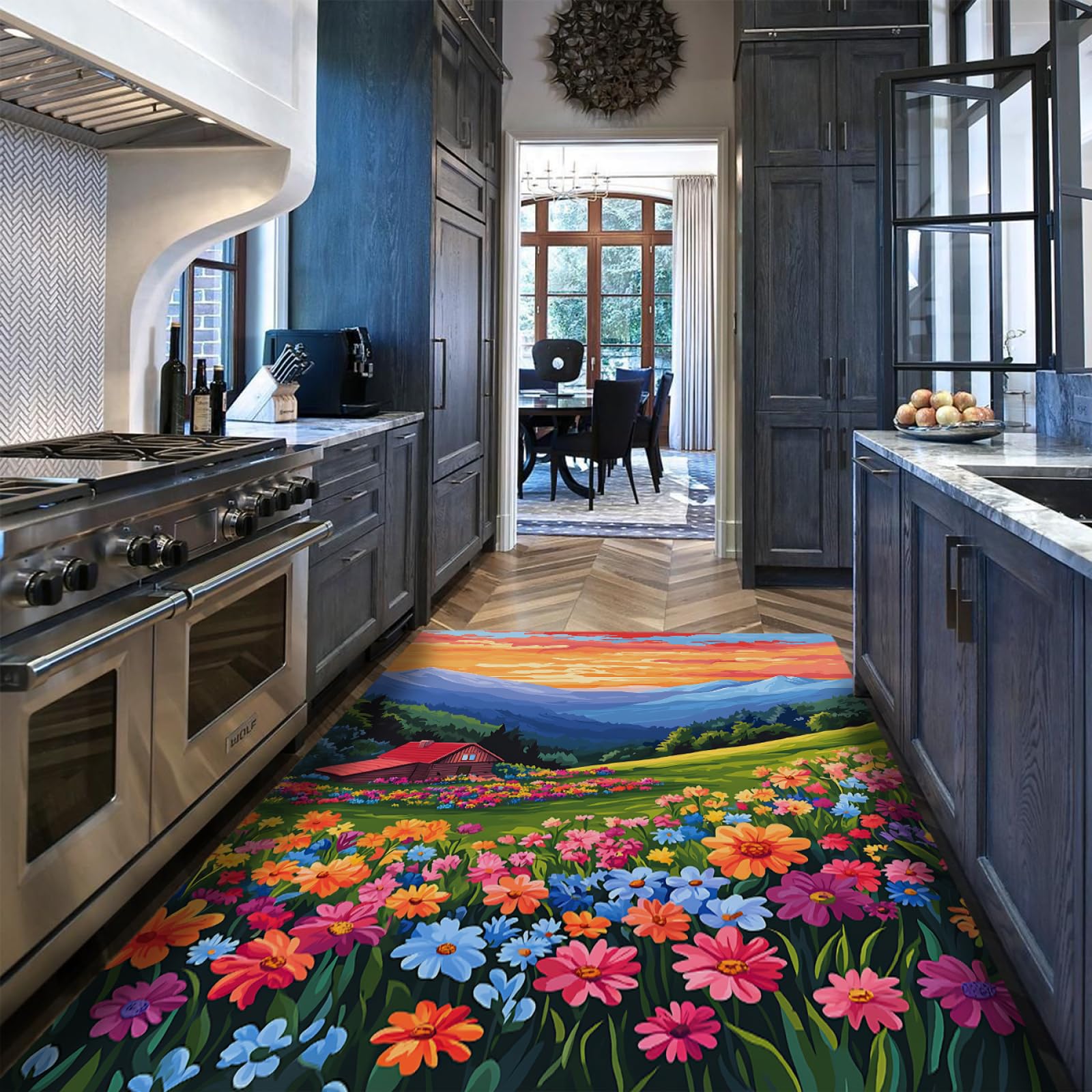 Tapis mince lavable antidérapant motif fleur marguerite pour salon et chambre