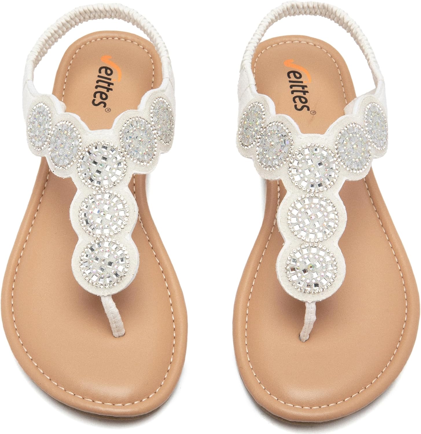 Veittes Women's Bohemian Bling Flat Slide Sandals - Casual Summer Thong Sandals with Rhinestone Decor, Rubber Sole, Lightweight & Comfortable Ankle StrapThong Summer Sandals.