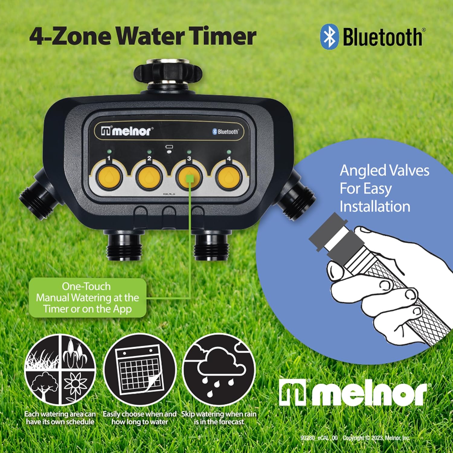 Melnor 65184AMZ Bluetooth Water Timer with 4-Zone Control, 12 Programmable Start Times, Watering Delay, Manual Mode, Weather-Resistant, 2 Piece Quick Connect Bundle, Black, Yellow