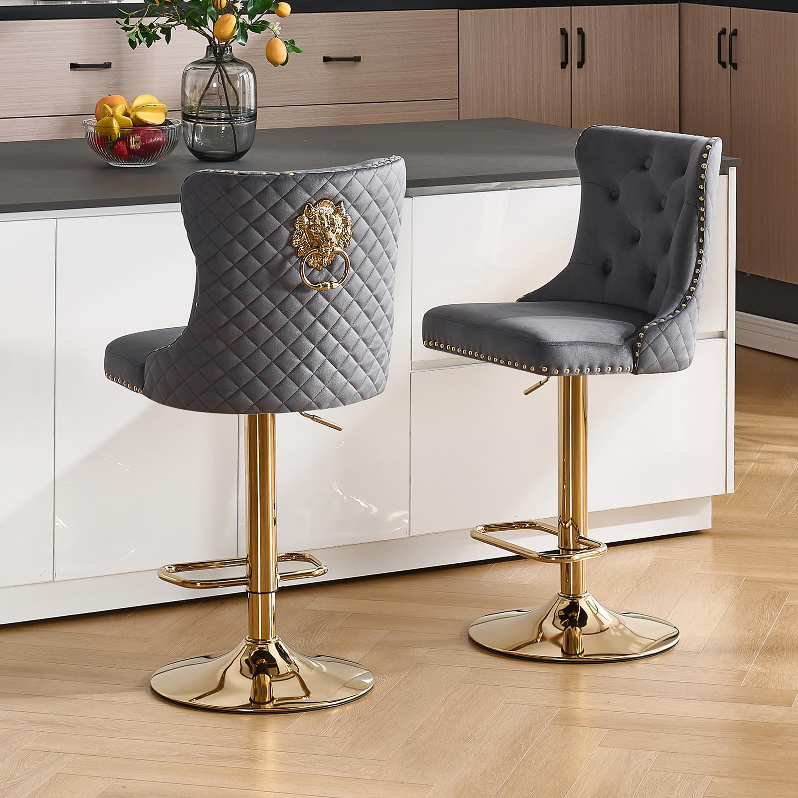 Swivel Gold Bar Stools Set of 2, Velvet Adjustable Barstools with Tufted Back, Nailheads Trim and Pull Ring, Counter Height Upholstered Bar Chairs for
