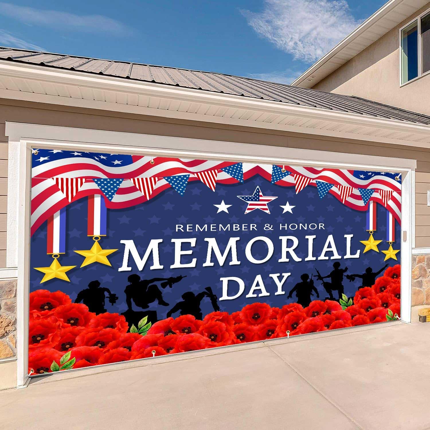 Memorial Day Garage Door Cover Banner Decorations, Thank You Veterans Patriotic 4th of July Outdoor Car Garage Door Murals Buddy Decorations Extra Large 16 X 7 Ft