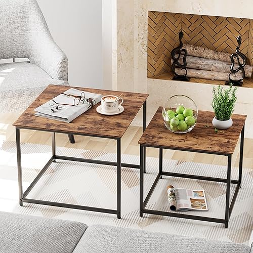 Miniatura 10 de Garden 4 you - Juego de 2 mesas de centro de café, mesa anidada moderna de mármol sintético, juego de mesas centrales cuadradas con estructura