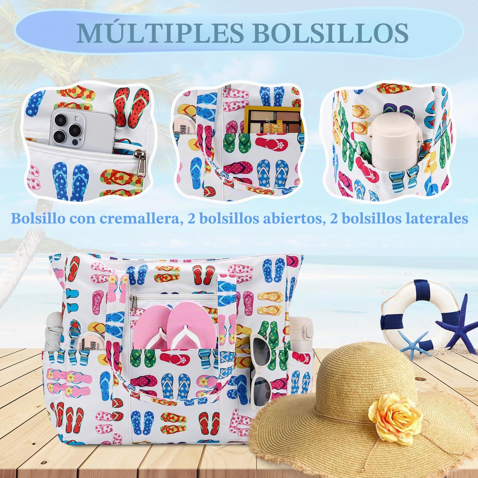 RAVUO Bolso Playa Grande XXL Familiar, Impermeable Bolso Playa Mujer con Cremallera Ligero Bolso Shopper Bolso Tote Bag para Natación, Deporte y Viajes