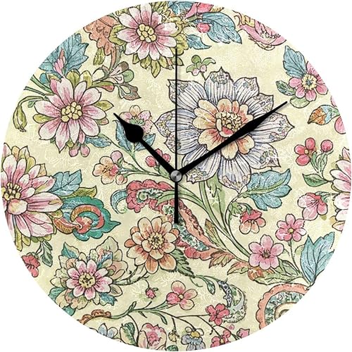 Vintage Flower Print Beige 10 pulgadas ronda cocina relojes de pared sin tictac ruido único para oficina casa de campo dormitorio relojes de pared
