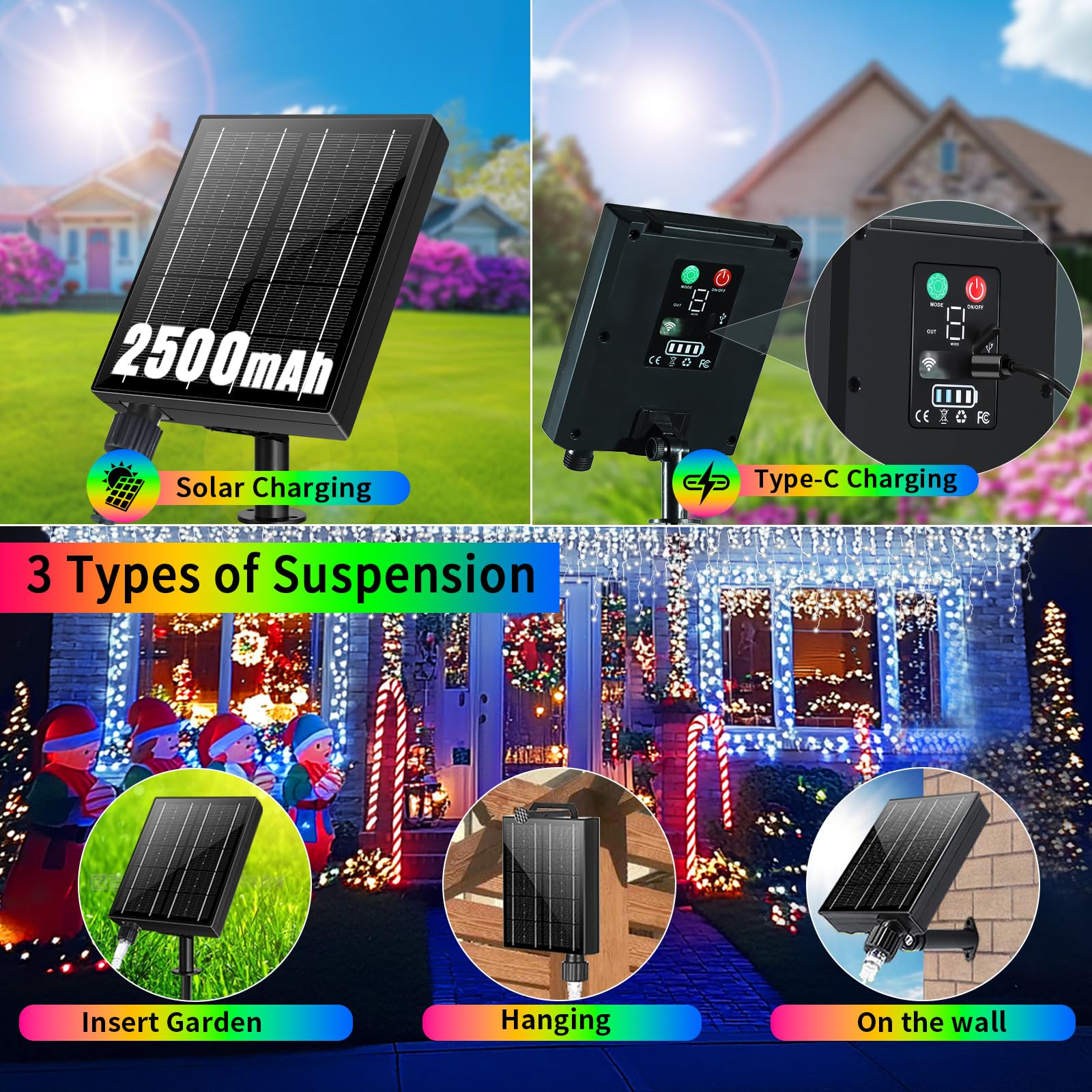 RJEDL 2500mAh Solar Luci di Natale da Esterno, 18+5M 600LED 3 In 1 Impermeabile LED Tenda Luci Natale Esterno, Con 8 Modalità & Timer e Memoria Luci di Natale da Esterno Colorate