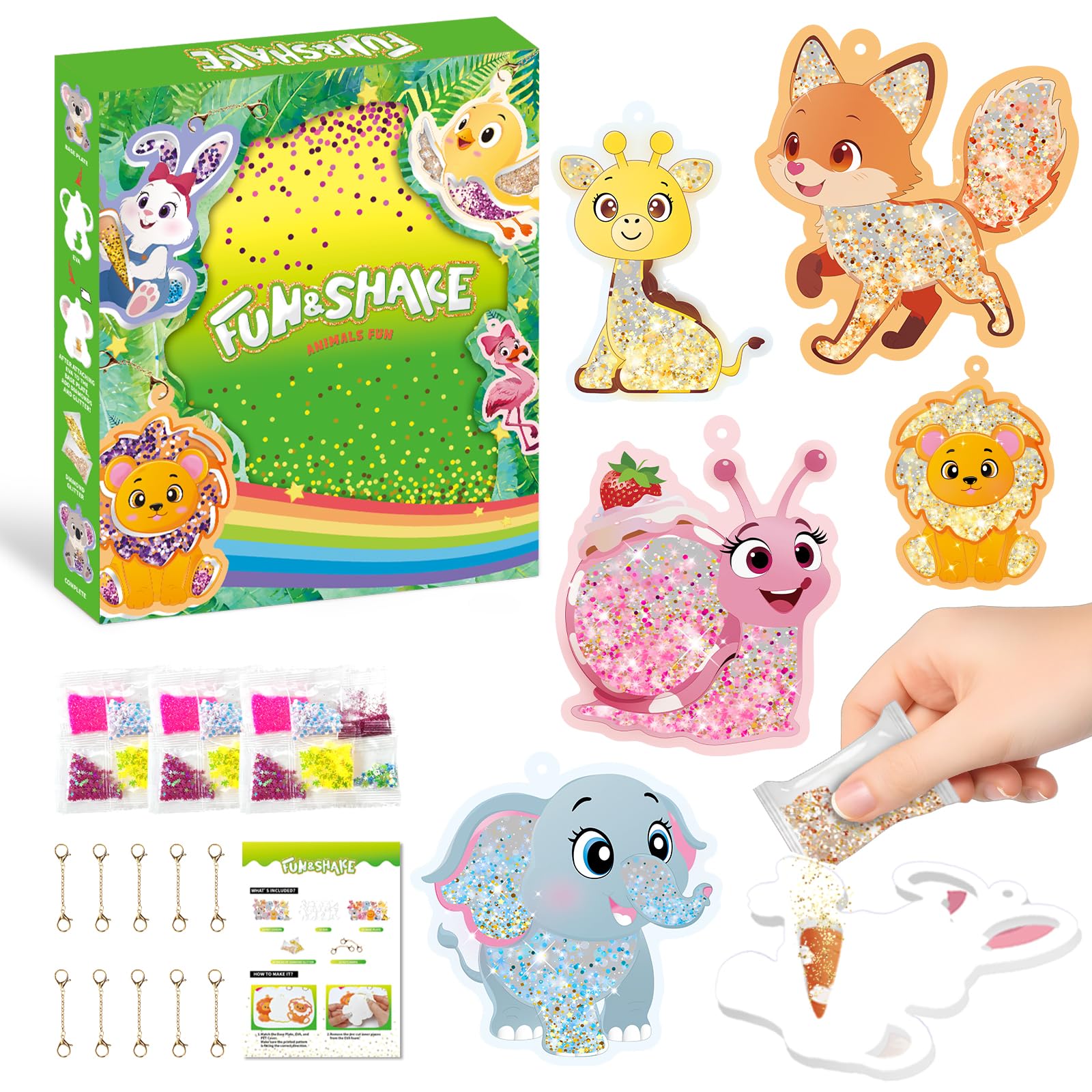 DkevEu Art and Craft Activity - FUN&SHAKE, DIY Glitter Craft Kit with 10 Keychains, Creative crafts for kids, Fun & Creative Travel Toys for Kids Ages 4, 5, 6, 7, 8, 9 (Animal Theme)