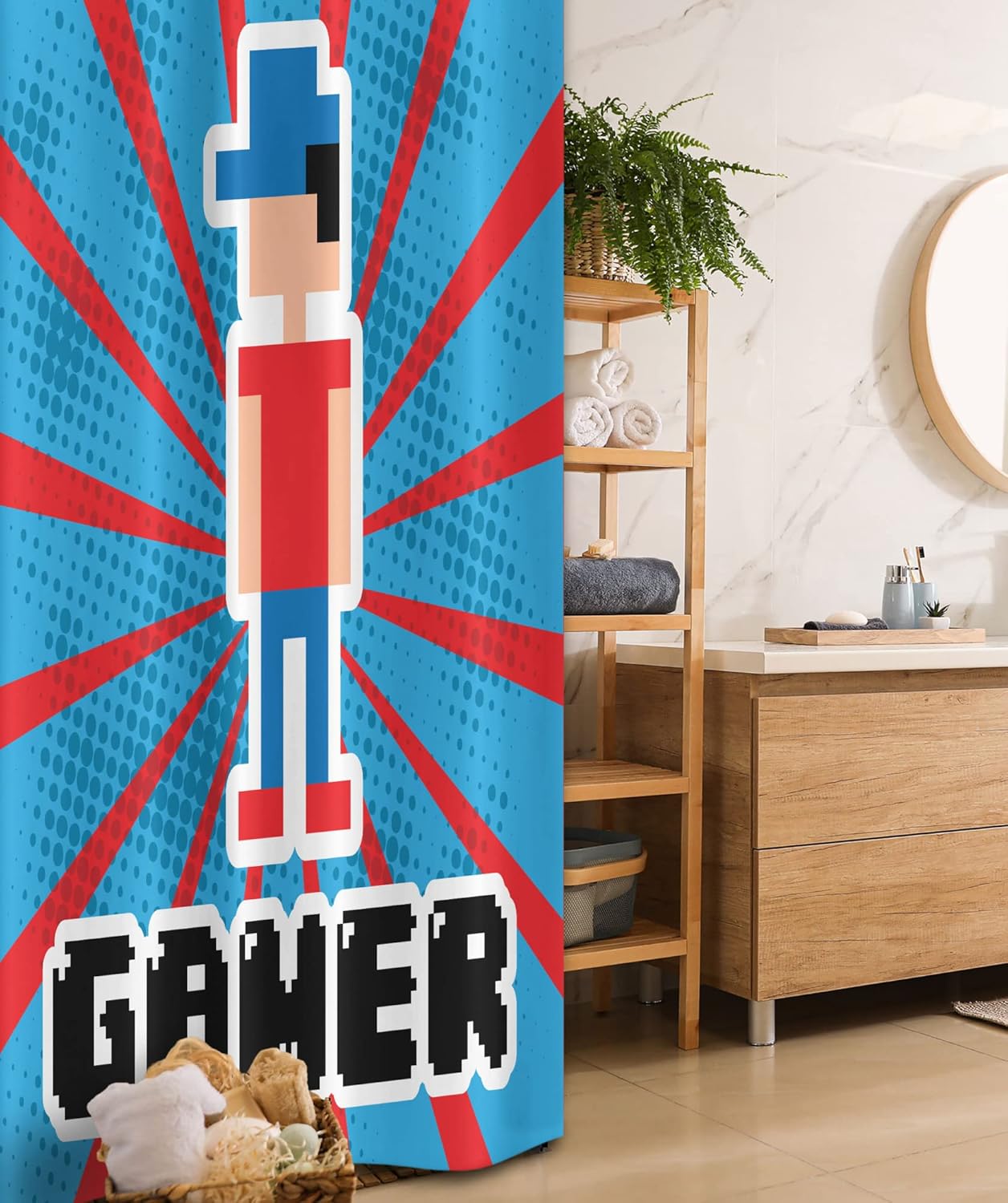 Ambesonne Video Games Stall Shower Curtain, Red Striped Boom Beams Retro 90's Boy Cap Geometric Arrangement, Fabric Bathroom Decor Set with Hooks, 36" W x 72" L, Vermilion White