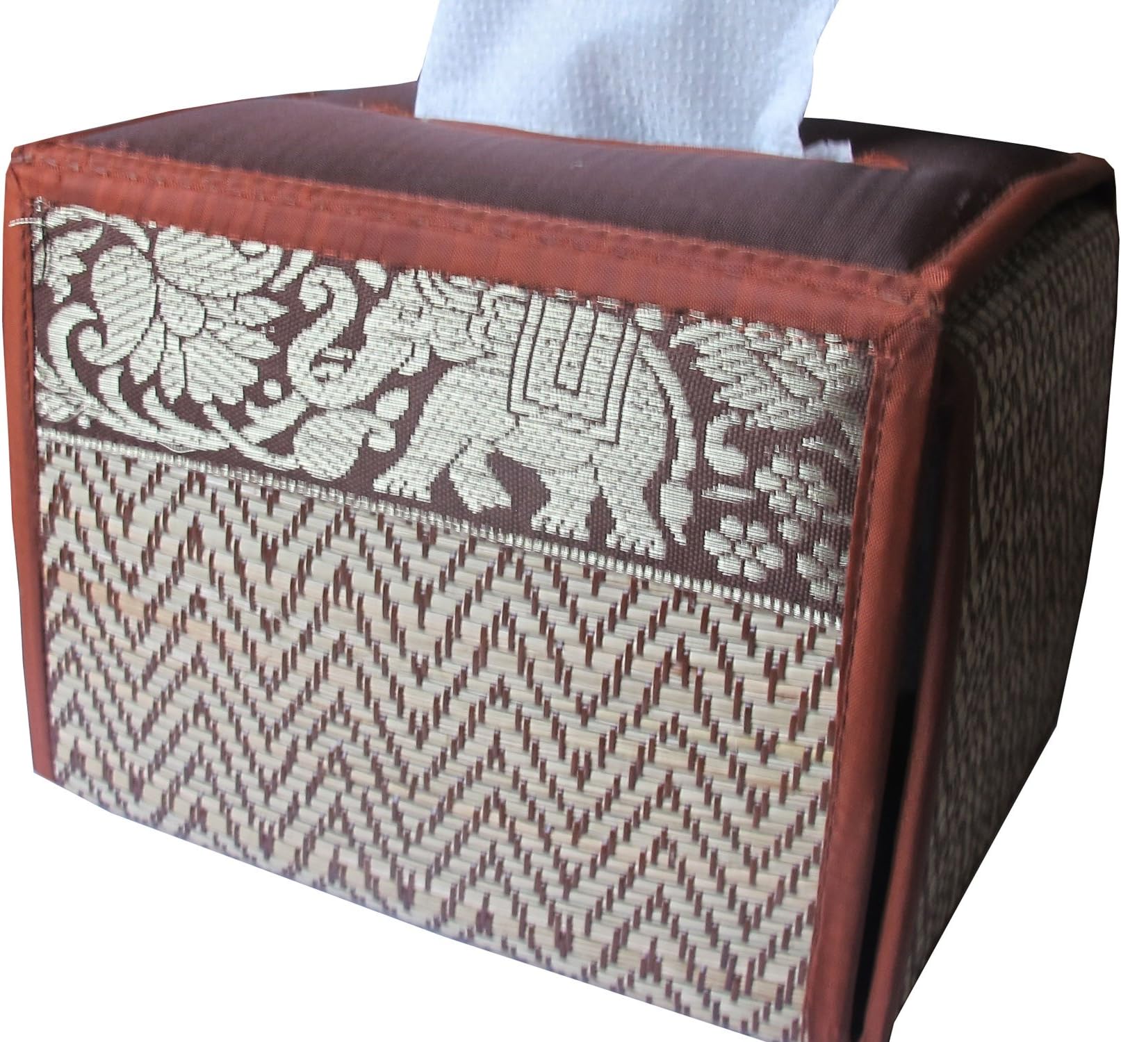 Rectangular Handmade Thai Woven Straw Reed Tissue Box Cover with Gold Silk Elephant Design