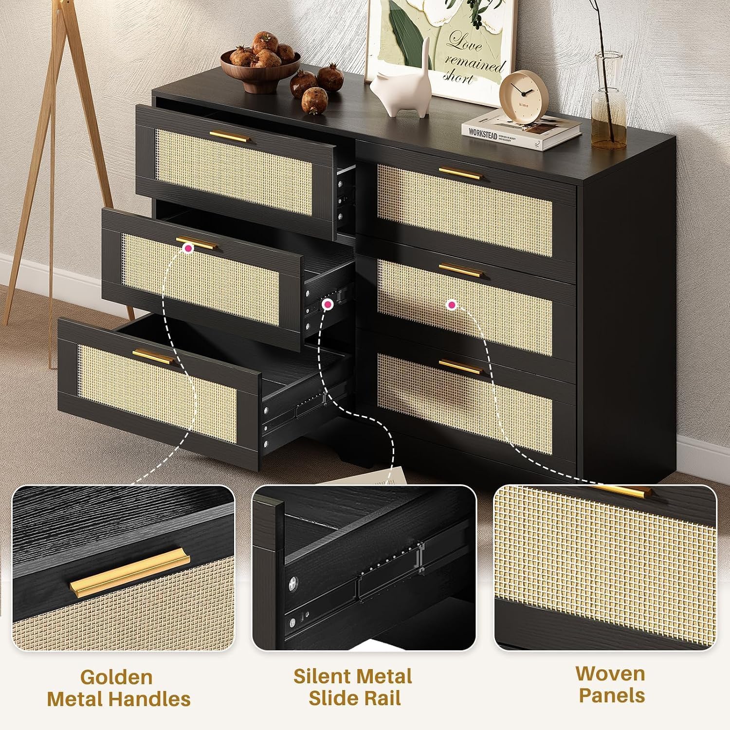 Diagram showing the installation of an anti-tipping device, securing the dresser to the wall.