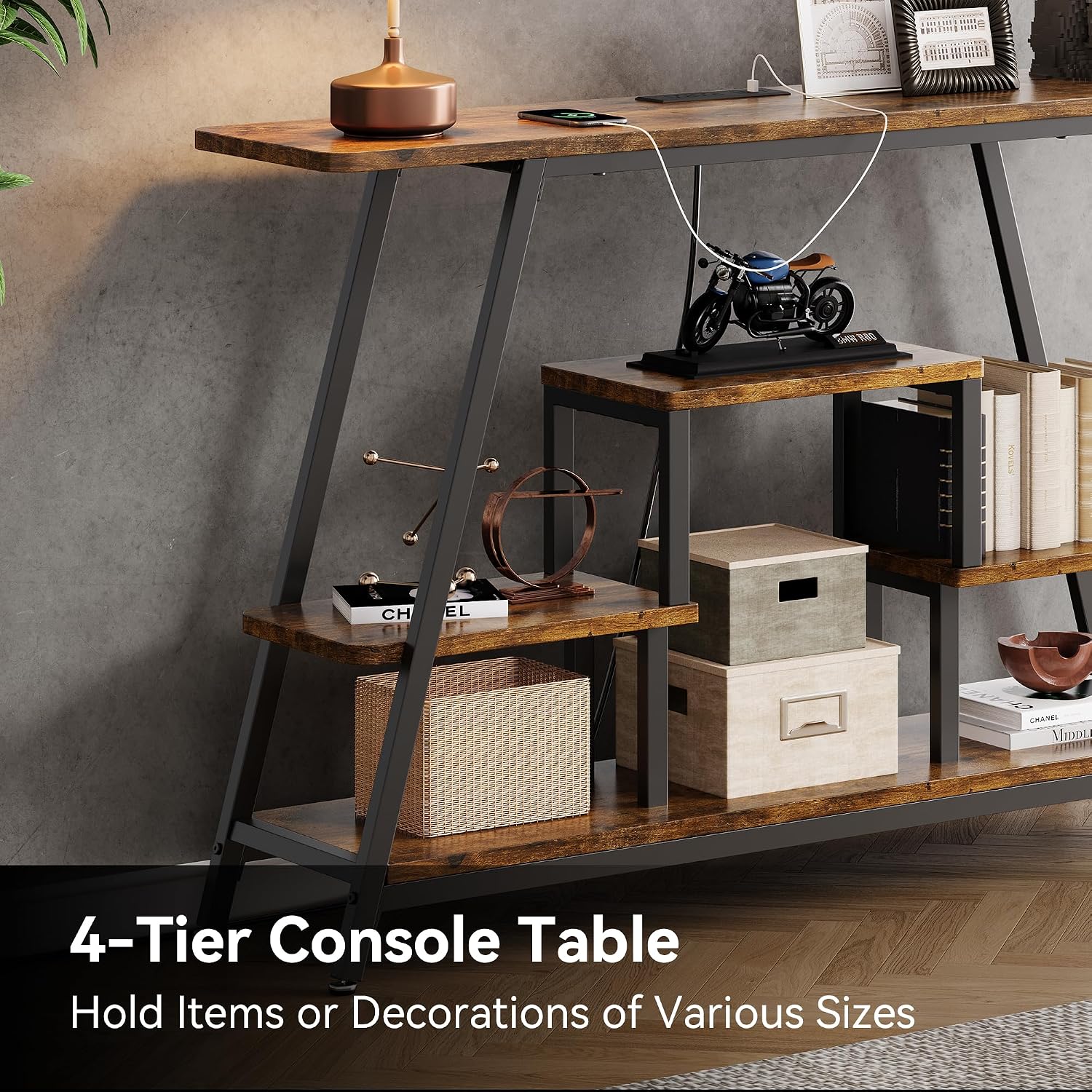 BedsPick 47.3" Console Table with Outlet, Entryway Table with 4-Tier Storage Shelves, Narrow Sofa Table with Charging Station, Couch Table Behind Sofa for Entryway, Hallway, Living Room, Rustic Brown