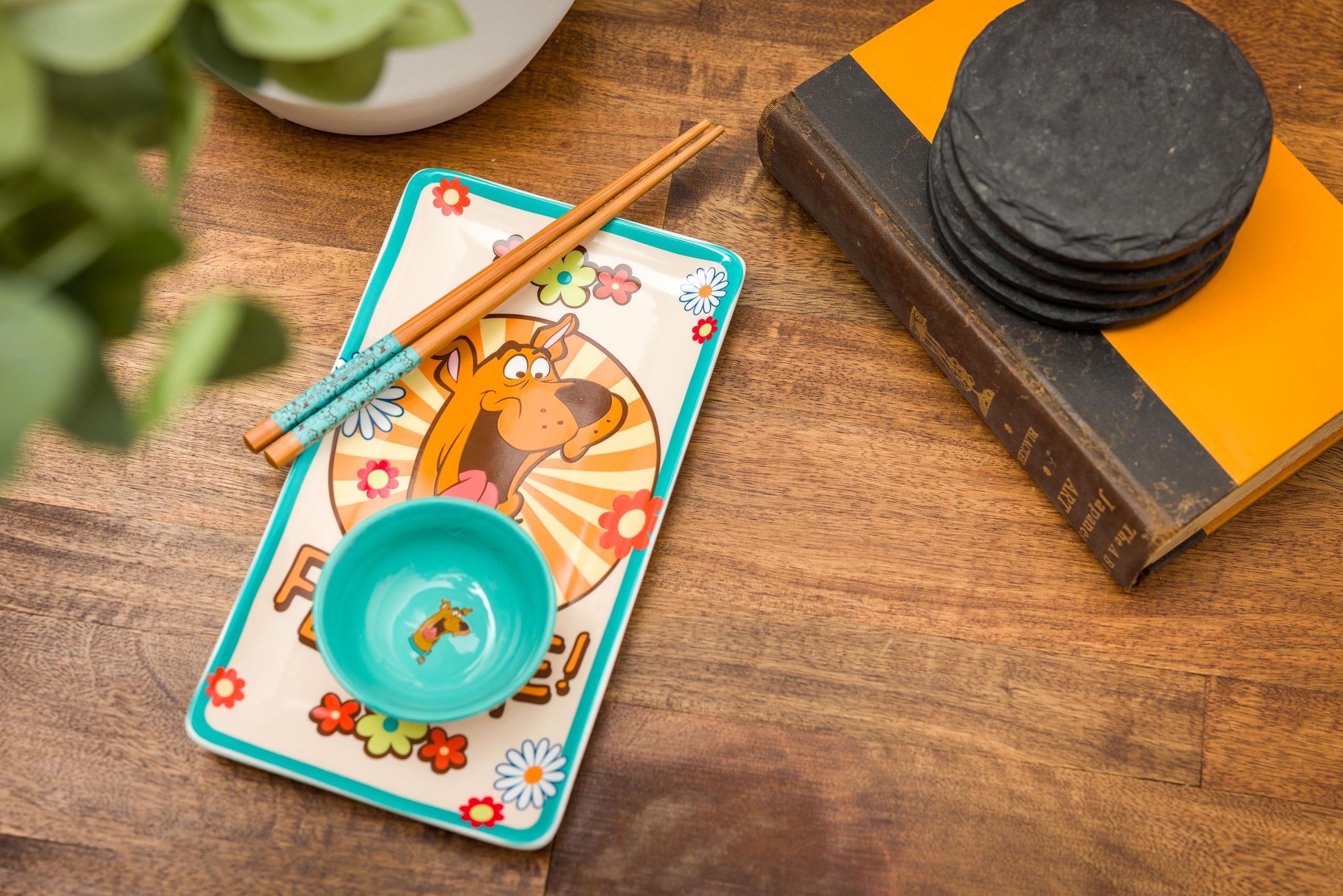 Silver Buffalo Sanrio Kawaii Ceramic Sushi Set with Dipping Sauce Dish and Matching Chopsticks