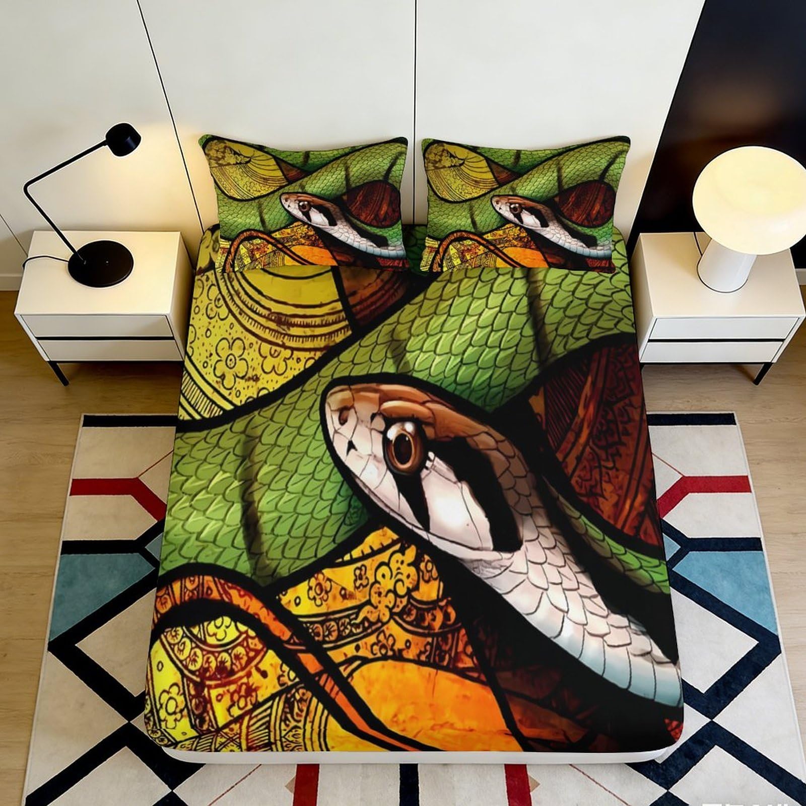 3D Printed Green Snake Pattern Fitted Sheet Microfiber Soft Mattress Cover for Bedroom Dorm Artistic Decor, Washable, Anti-slip, Dustproof 180x200x25cm