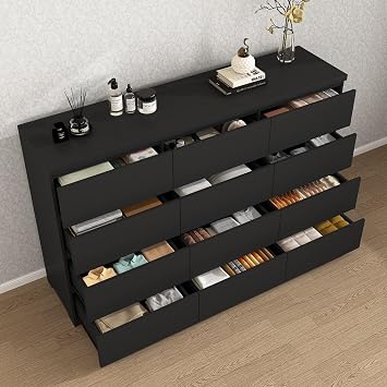 Black 12 Drawer Dresser for Bedroom,63'' Modern Deep Drawer Dresser,Wide Long Storage Chest of Drawers,Bedroom Storage Organizer Furniture for Closet,Living Room