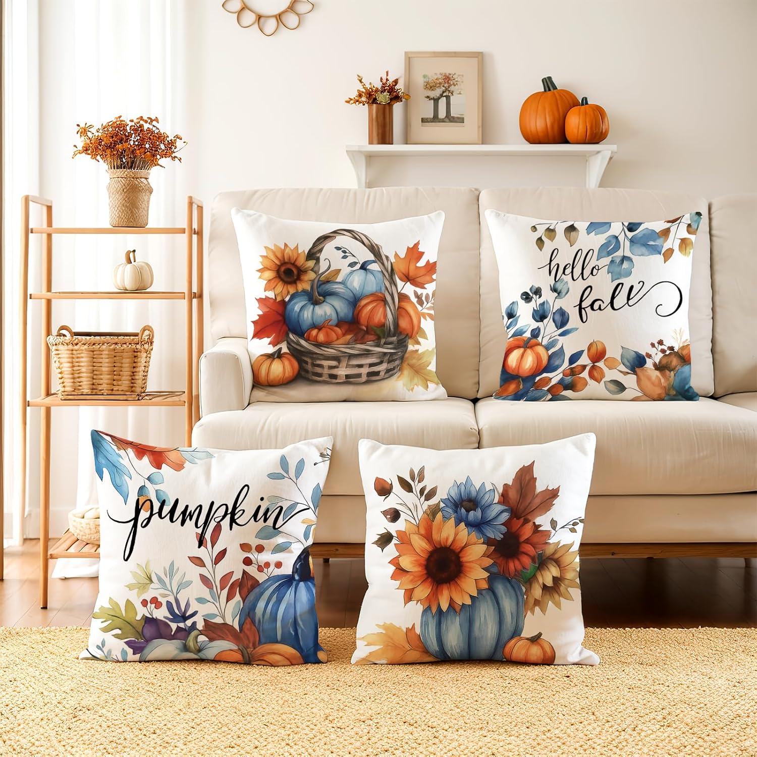 Fall Pillow Covers 20x20 Set of 4 Velvet Pillow Cover Pumpkin Floral Decorative Pillow Case Vintage Blue Indoor Outdoor Home Decor for Couch Bed Living Room