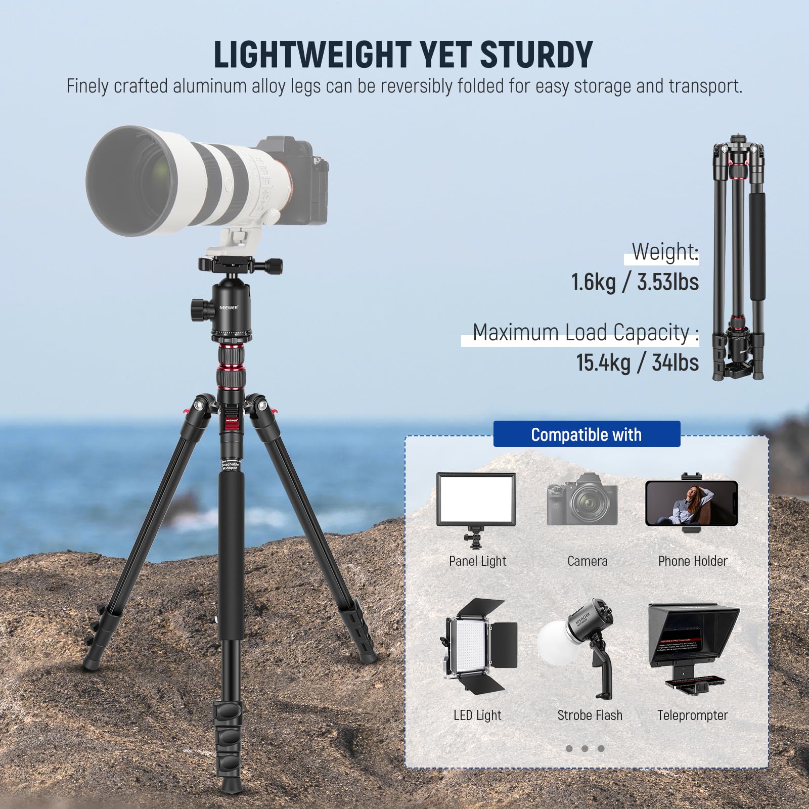 NEEWER Statyw monopodowy do kamery 77" z uchwytem na telefon kompatybilny z iPhonem, do nagrywania wideo, kompaktowy i lekki aluminiowy stojak podróżny z głowicą kulową, płytą QR, torbą, ładowanie 34