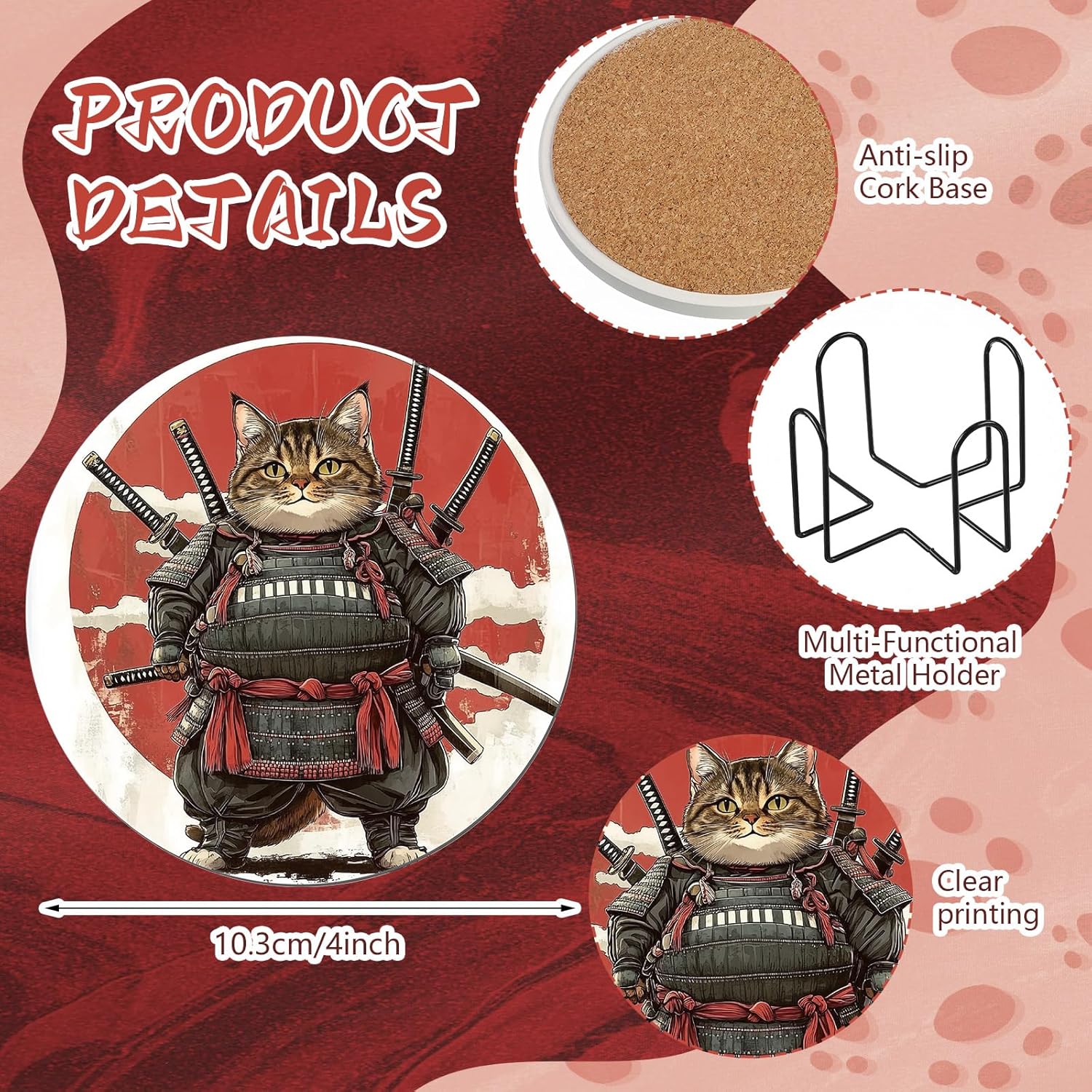 LemonRoad 8 Pcs Cat Coasters Ninja Anime Ceramic Funny Cool Drink Coasters 4 Inch Cat Lover Gifts Ninja Anime Theme Party Favors with Holder for Christmas Birthday Table Desk Bar Decoration