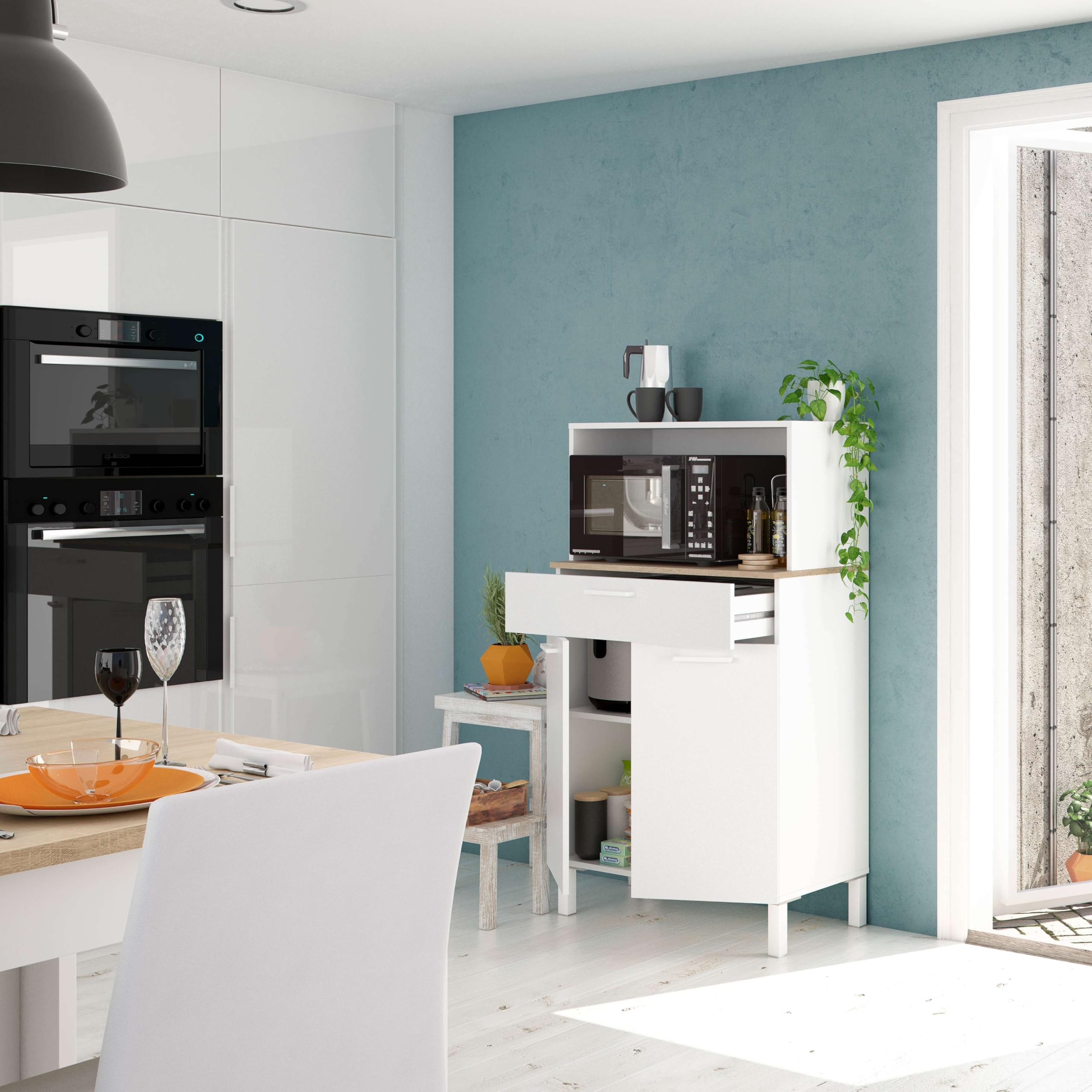 Habitdesign Mueble Auxiliar Cocina 2 Puertas + 1 Cajón, Modelo Kira, Acabado Blanco Artik y Roble Canadian, Medidas: 126 cm (Alto) x 72 cm (Ancho) x 40 cm (Fondo)