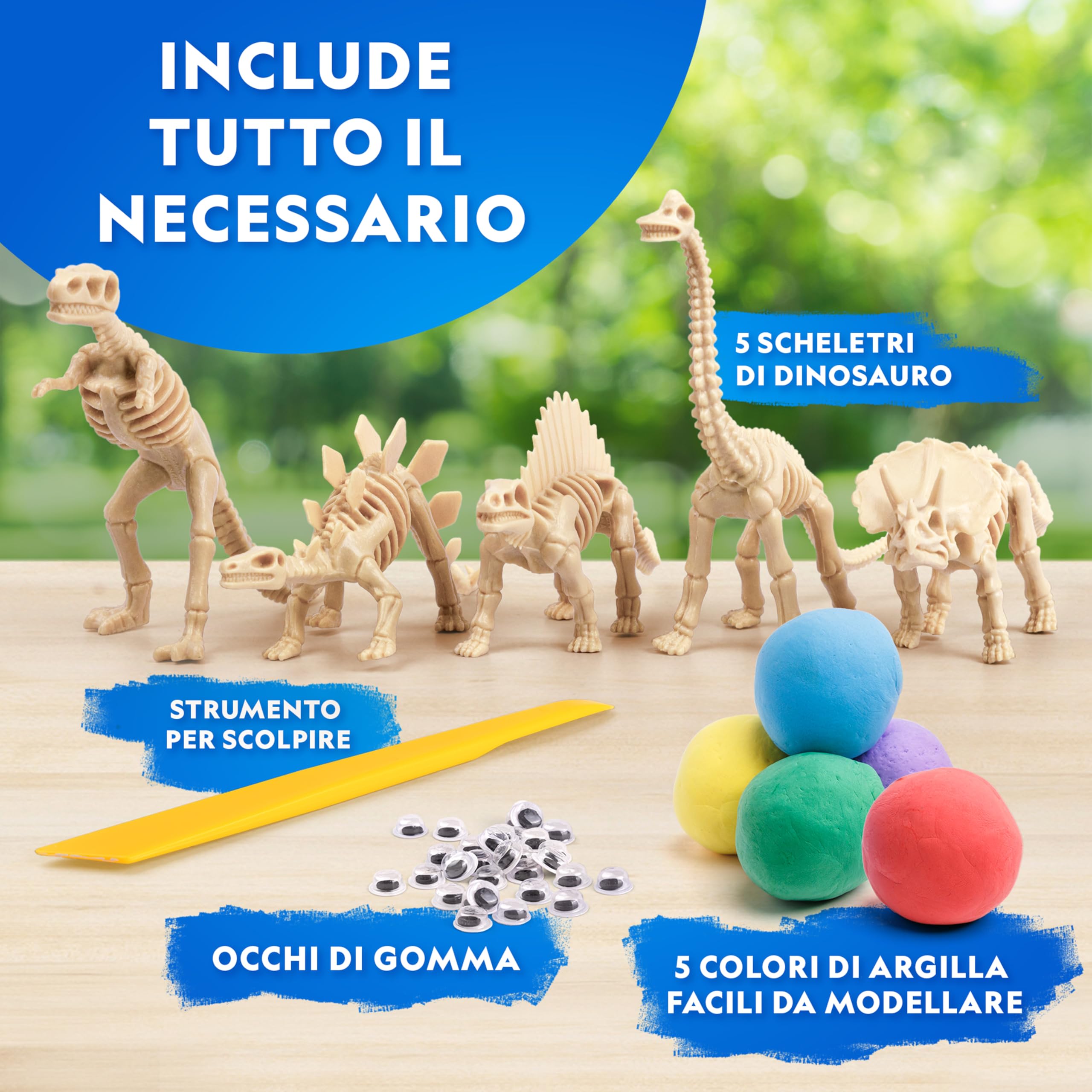 NATIONAL GEOGRAPHIC Kit Creativo Dinosauri con Argilla – 5 Dinosauri da Modellare con Argilla che Asciuga all’Aria, Scheletri, Strumento e Occhi Mobili