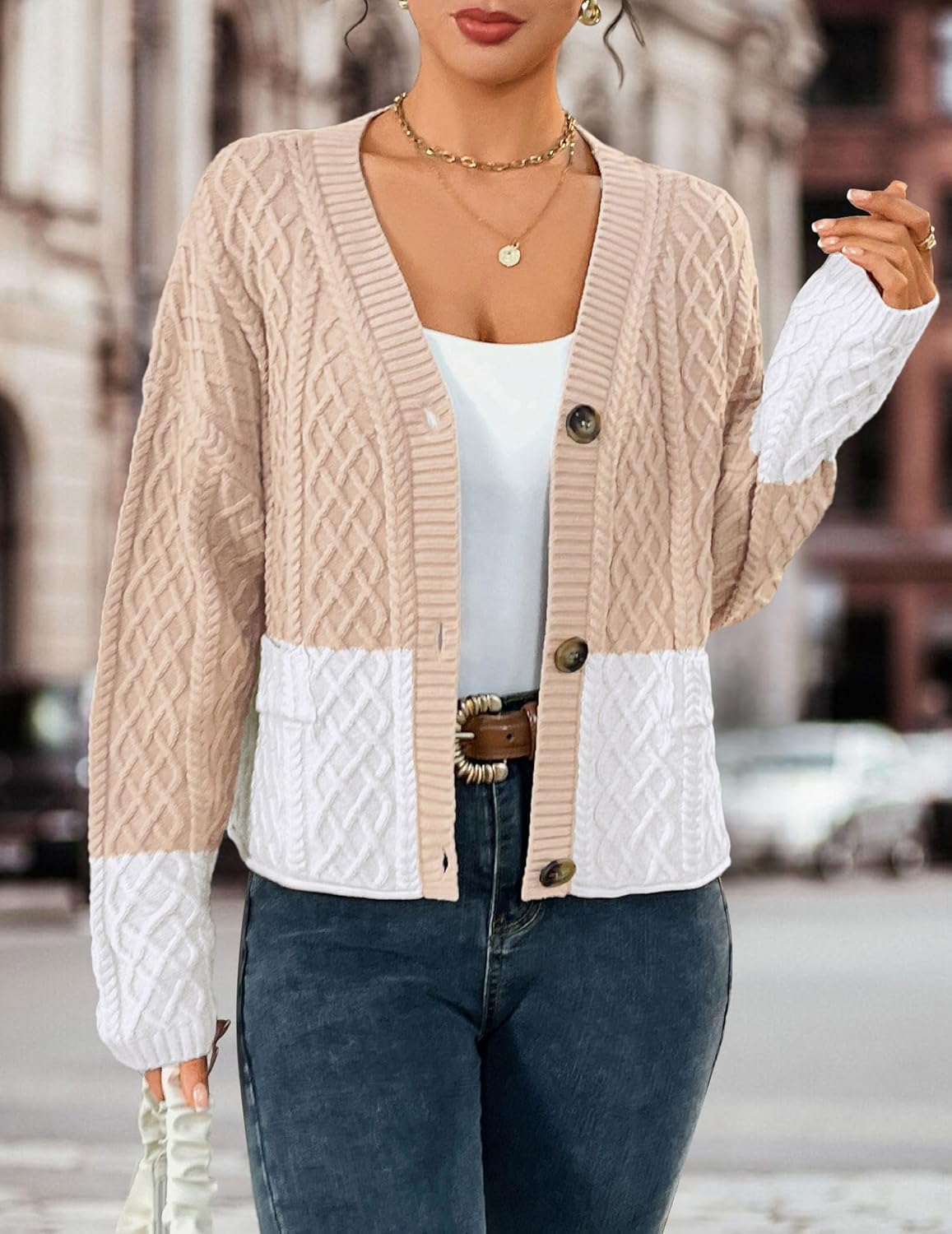 BB&KK Cropped Cardigan for Women Fall Color Block Button Up 2025 Long Sleeve Chunky Knit Open Front Sweater Outfits - Image 2